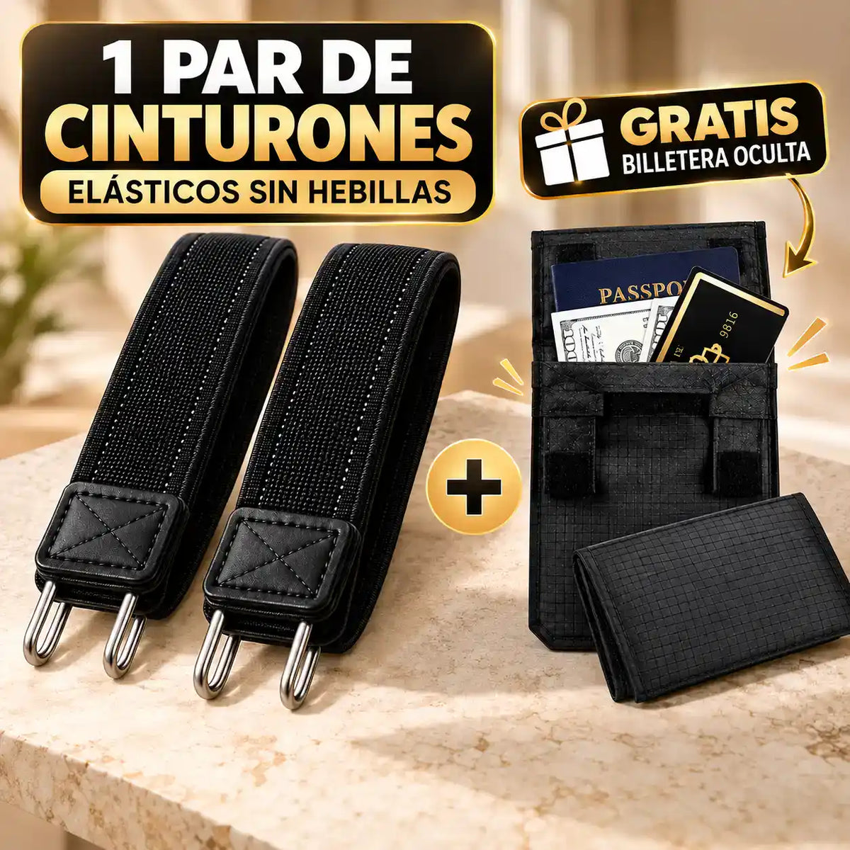 COMBO PAR DE CINTURONES SIN HEBILLA + GRATIS BILLETERA OCULTA