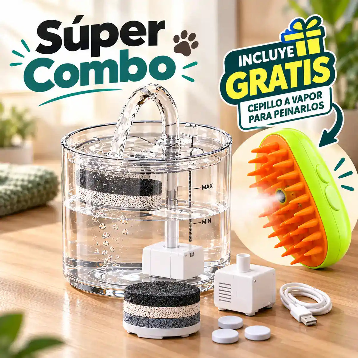 FUENTE DE AGUA PARA MASCOTAS + CEPILLO A VAPOR GRATIS 🐾