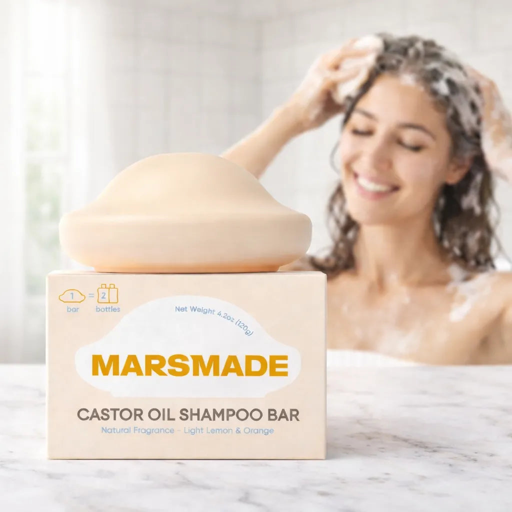 MARSMADE® 2x1 | Hasta 6 meses de shampoo (en barra) con aceite de ricino hidratante 🫧
