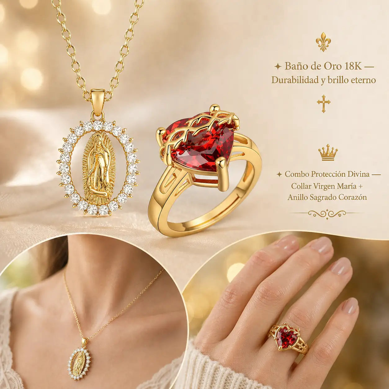 COLLAR VIRGEN MARIA BAÑADO EN ORO 18K + Anillo del sagrado corazón GRATIS 💍